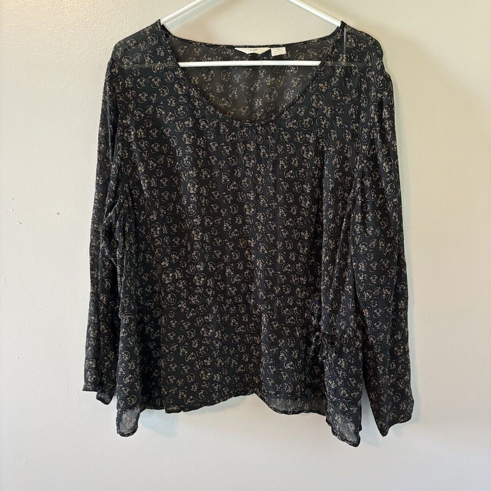 J. Jill Long Sleeve Blouse Black Gold Lightweight Top Drawstring Rayon S…